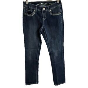 INC‎ DENIM WOMENS JEANS SIZE 4 STRAIGHT LEG REGULAR FIT DARK WASH RHINESTONE